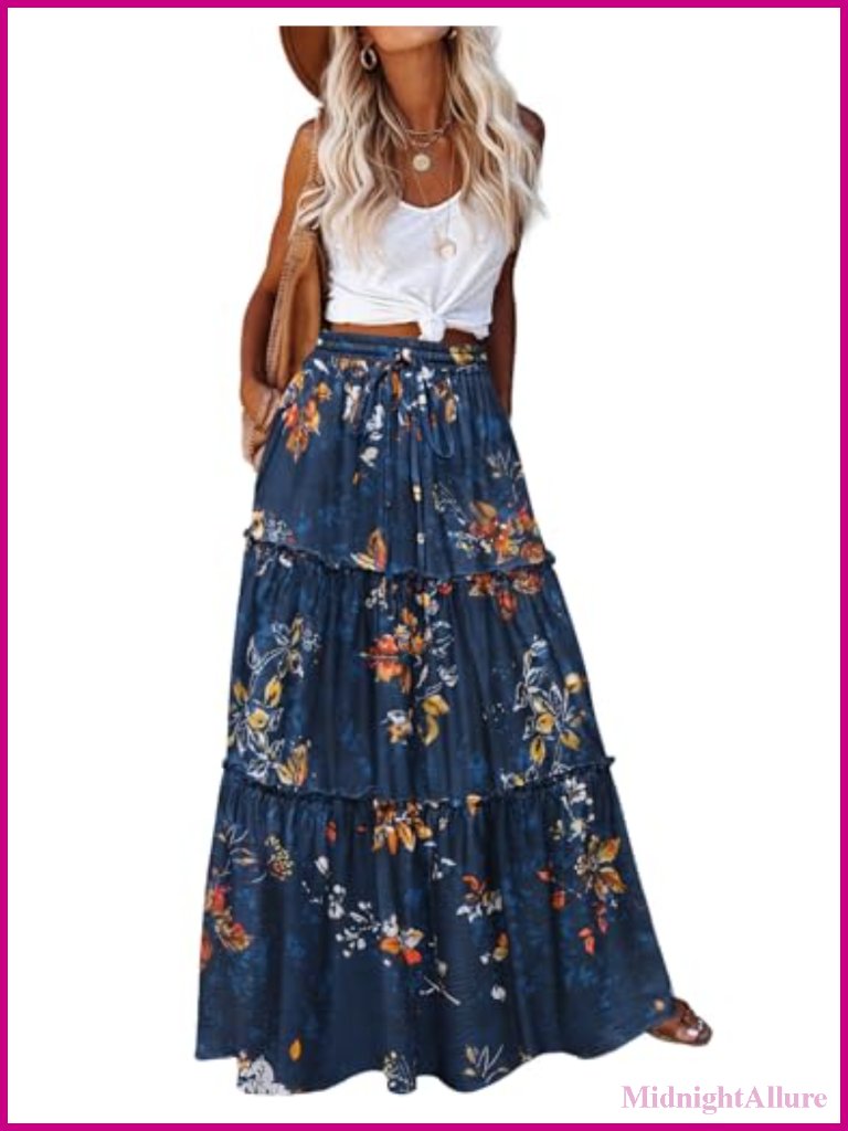 Women's Boho High Waist Maxi Skirt With Pockets